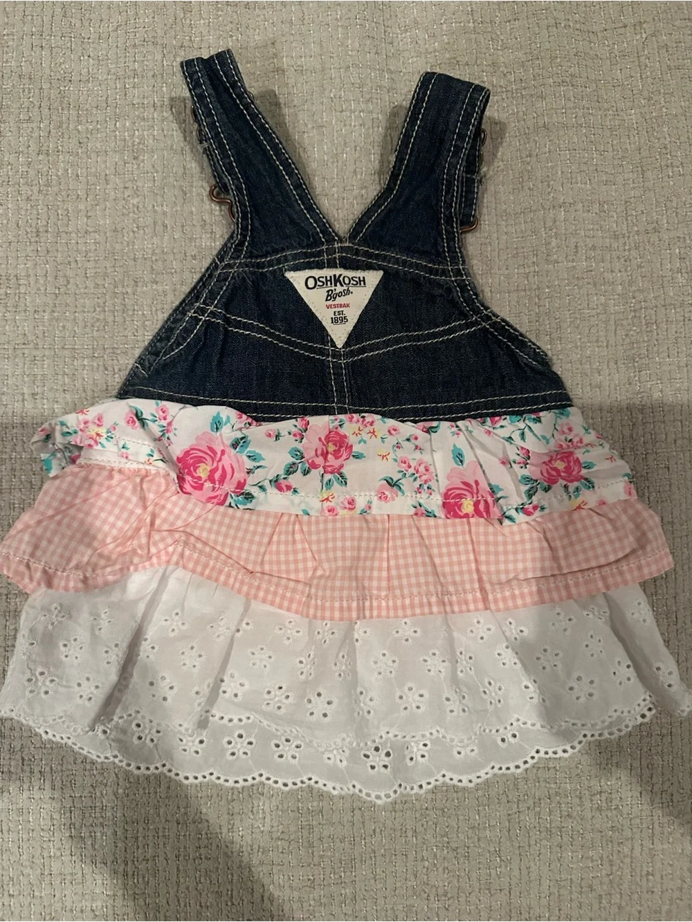 OshKosh B'gosh Denim Ruffle Overall Dress - Pink, White, Blue Size 6M